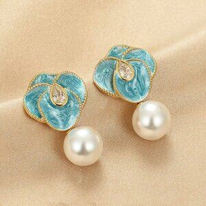 Cute Blue Dripping Oil Korean Style Flower Drop Enamel Drop Dangle Earrings set